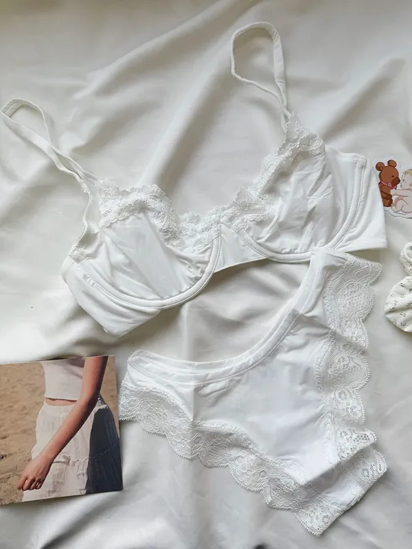 Rosa sem forro conjunto de sutiã de copo completo underwire renda guarnição elevador confortável minimalista sem costura sutiãs e calcinha todos os dias