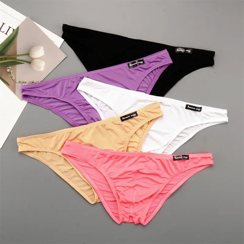 Thin Ice Silk Low Waist Men Briefs Solid Color Semi Transparent Underwear Plus Size Bulge Pouch Smooth Breathable Soft Panties