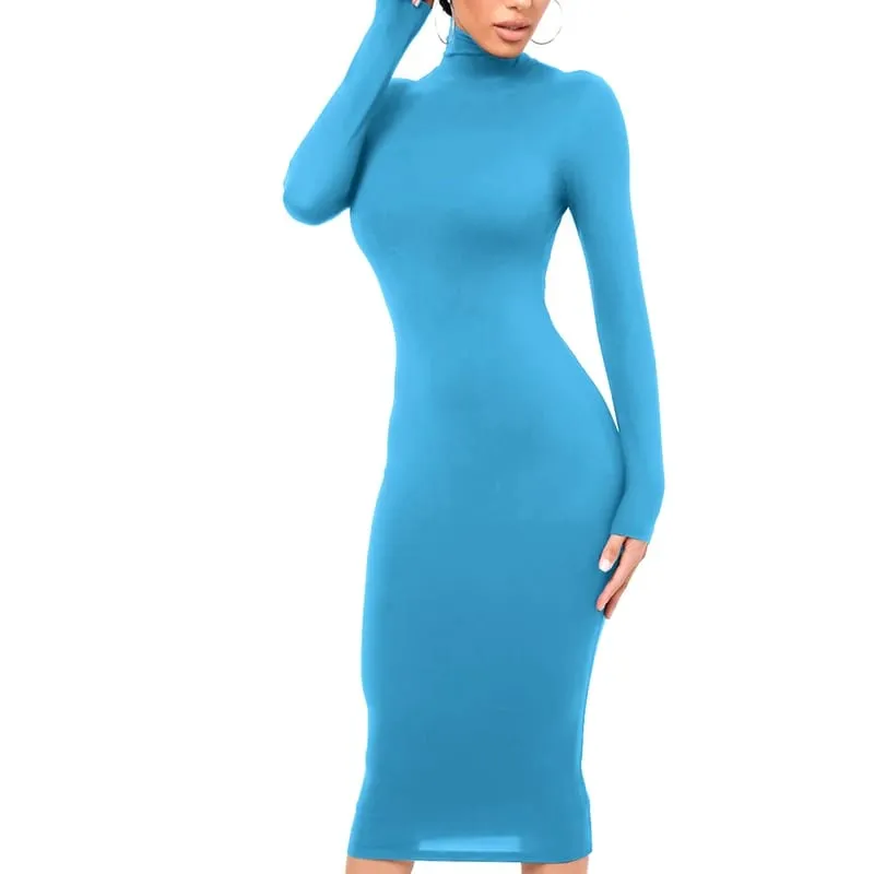 Vinter Svart Turtleneck Sexig Damklänning Höst Långärmad Skinny Midi Boydcon Casual Blå Plysch Knälång Party Club