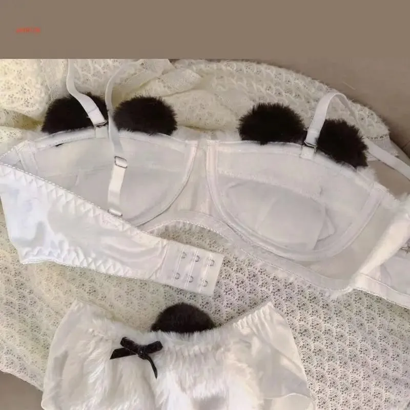 Lingerie invernale da donna con motivo panda a cartoni animati, reggiseno e mutandine in peluche peloso, biancheria intima per cosplay di anime giapponesi, scolaretta