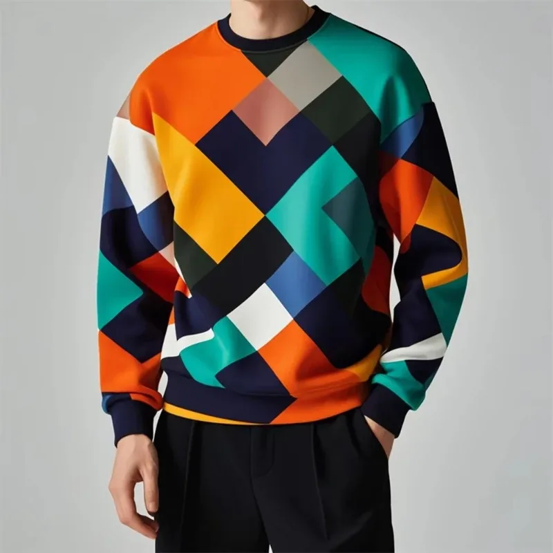 Fall Fashion Pullover Sweatshirt For Men 3d Colorful Geometry Graphic Print Round Neck Neck Hoodies Pullover Casual Male Clothes