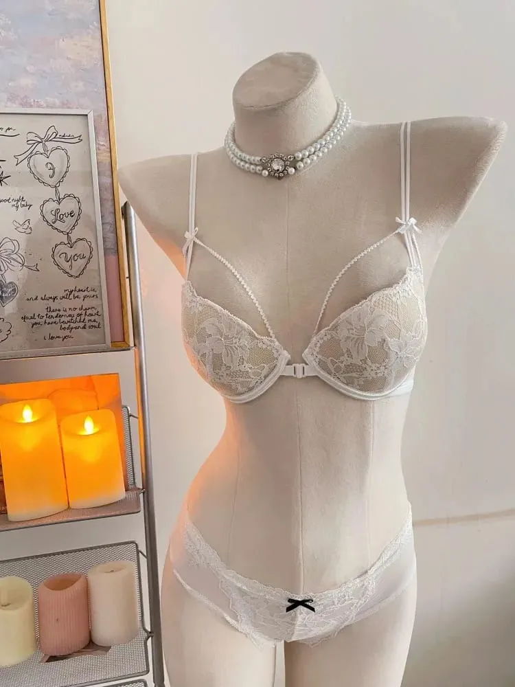 Minimal Coquette Lace Front Clasp Bra & Set Wirefree Thin Straps Beauty Back Side Wrap Support Small Bust Curvy Light Intimates