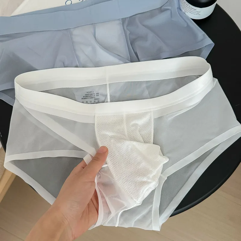 투명 남자 팬티 초박형 얼음 실크 빠른 건조 팬티 섹시한 U 벌지 주머니 남자 속옷 통기성 속옷 Cuecas