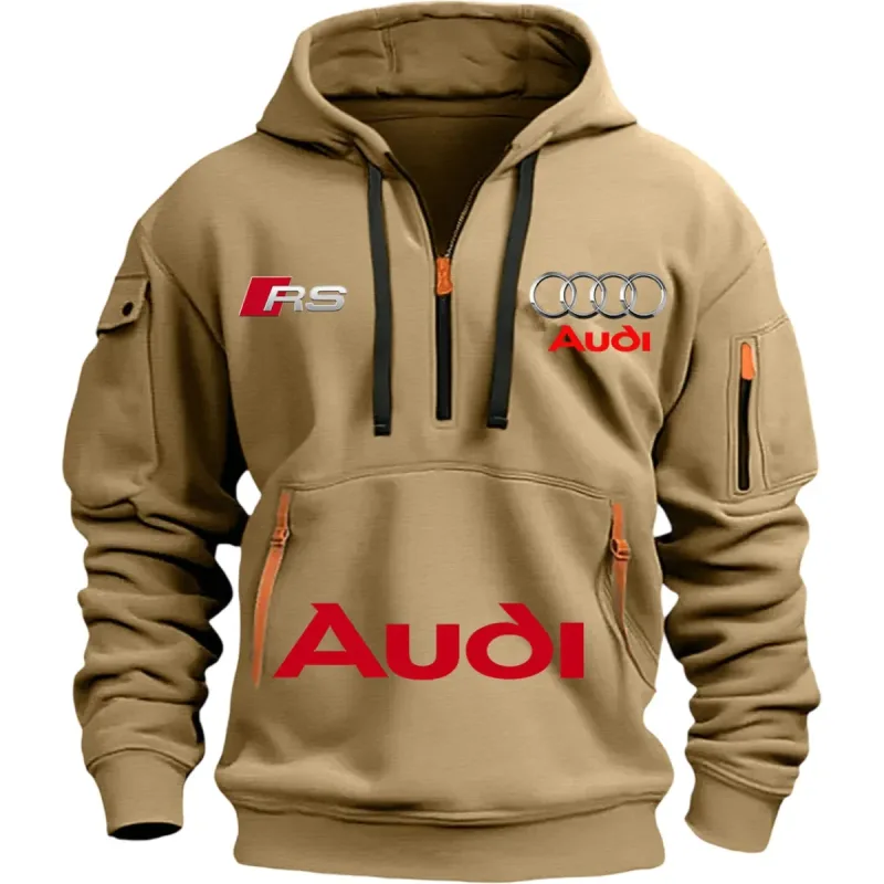 เสื้อผ้า Sporty Audi เหมาะสำหรับผู้ชาย ชุดปั่นจักรยานสไตล์กีฬากลางแจ้ง เสื้อสเวตเตอร์มีฮู้ดพิมพ์ลายสตรีทพร้อมปีกหมวก