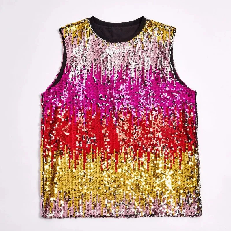 2025 Fashion Pullover Sleeveless Multi-color Sequined T-shirt/vest for Women Urban Street Style Multicolored Women's Tank Top