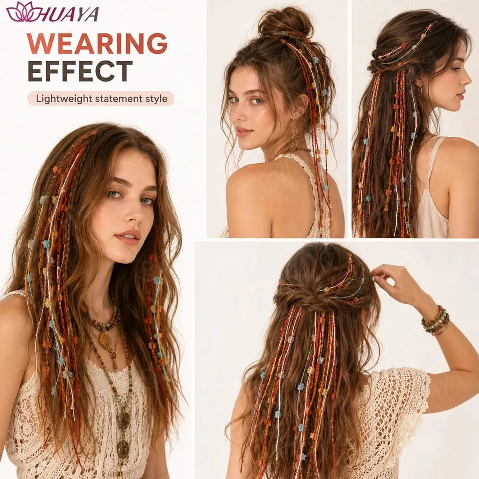 Synthetic Colorful Clip-in Hair Extensions Boho Yarn Dreadlock Braids Festival Party Hair Accessories for Women — image 6