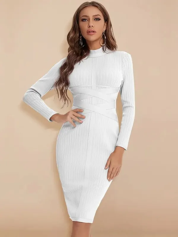 Sexy Red Bandage Dress 2023 Nude Turtleneck Long Sleeves Office Bodycon Dress Cross Criss Women Midi Vestidos Maxi XL