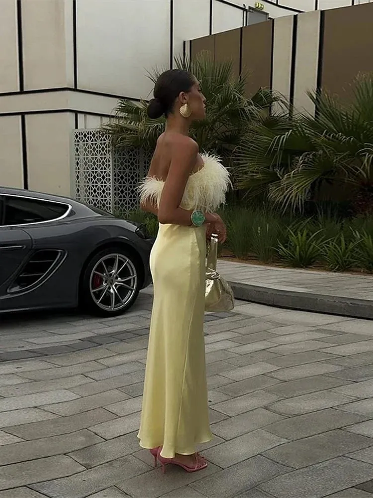 Gaun Maxi Pinggiran Satin Kuning Wanita Elegan Tanpa Tali Pinggang Tanpa Lengan Gaun Panjang Dibungkus 2025 Jubah Wanita Percutian Musim Panas Baru