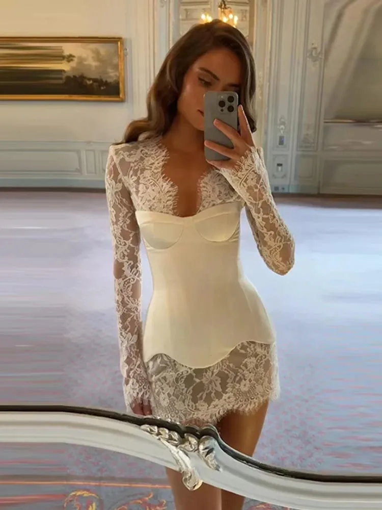 Sexy Lace Patchwork Dress Women Solid V-neck Fishbone Corset Slim Waist Long Sleeve Mini Dresses 2026 Summer Lady Party Gown