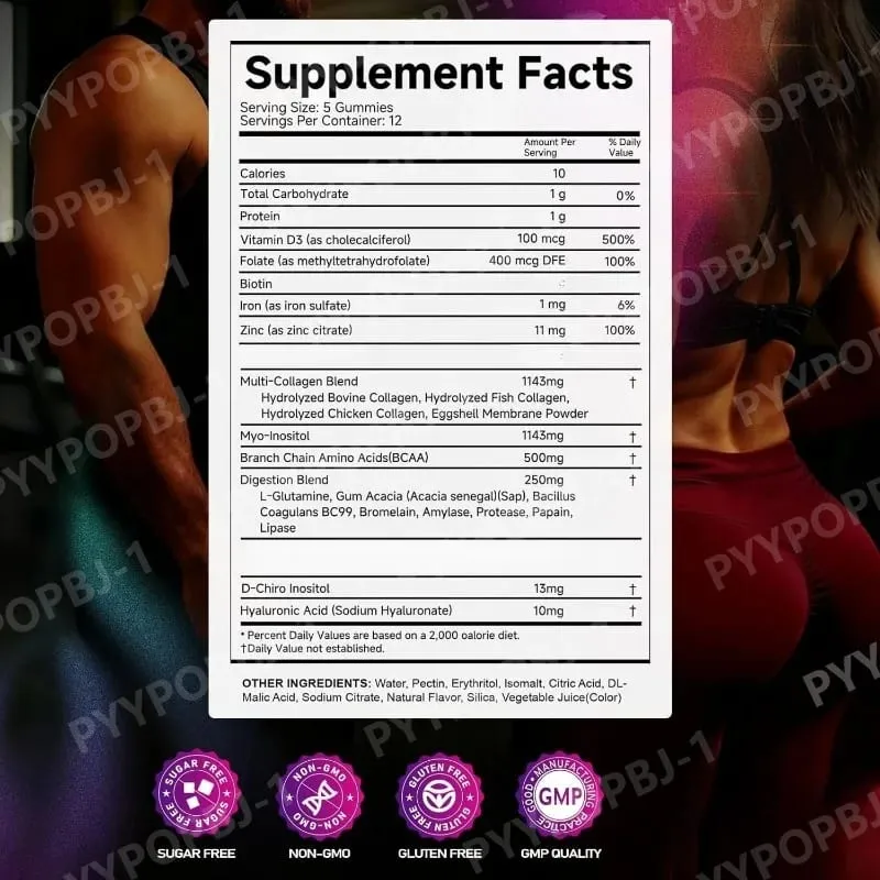 60 Count Creatine Monohydrate Gummie with Collagen Biotin Vitamin D3 & Hyaluronic Acid Daily Pre & Post Workout Recovery Support