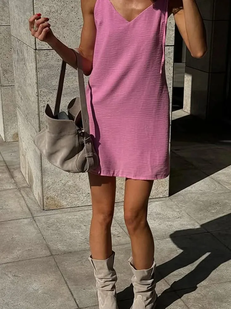 Ahagaga 패션 여성 드레스 솔리드 스트랩 붕대 일반 인과 v 넥 민소매 여름 캐미솔 루즈 스위트 Femlae Vestido