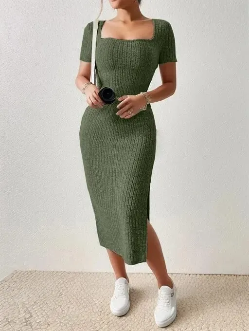 Summer Square Neck Hip-Hugging Mid-Length Skirt Short-Sleeved Versatile Knitted Slit Dress