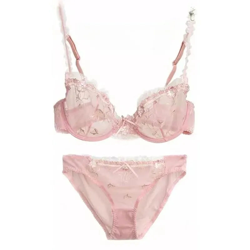French Style Unlined Bra Set | Minimizer Lace Half Cup for Large Cup Size No Padding Thin Sheer Anti-Sagging Lingerie BANERDANNI