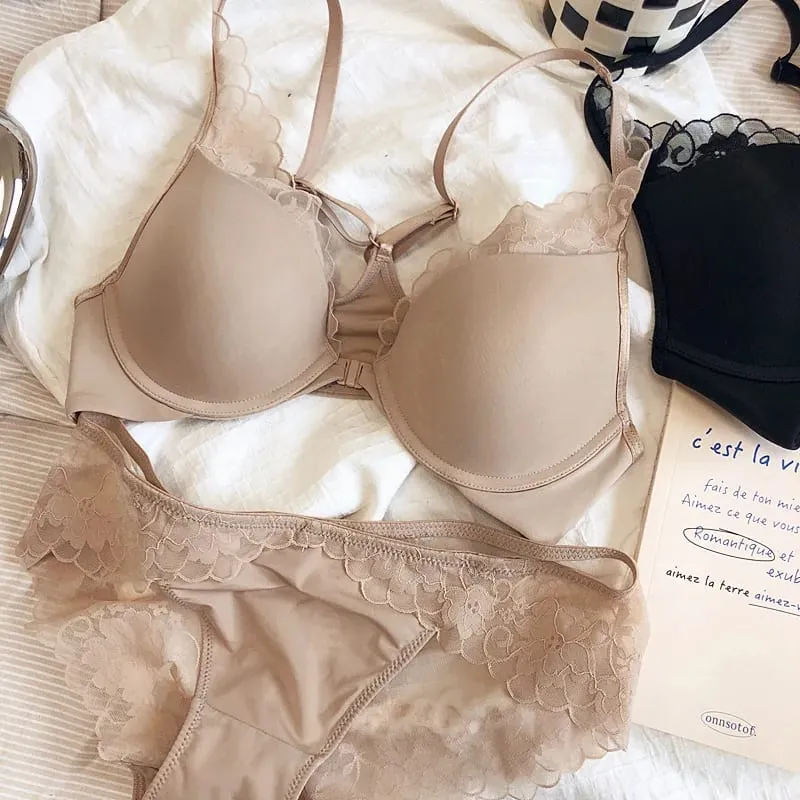 Thin Glossy Cup Cross Backless Lace Front Closure Bra and Panties Set with Push Up Underwear Women Beautiful Sexy Lingerie — image 1