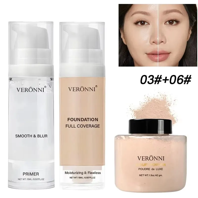 3pcs Beginner Face Makeup Kit-Matte Foundation Makeup Hydrating Primer Oil-Control Loose Powder Full Coverage Face Concealer