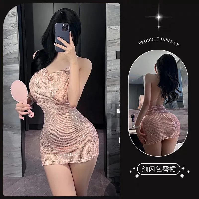 Đầm Chặt treo hông ôm váy ngắn kim sa lấp lánh quần áo nữ Đầm Dự Tiệc người phụ nữ cô gái gợi cảm cao su nữ quần áo xxx