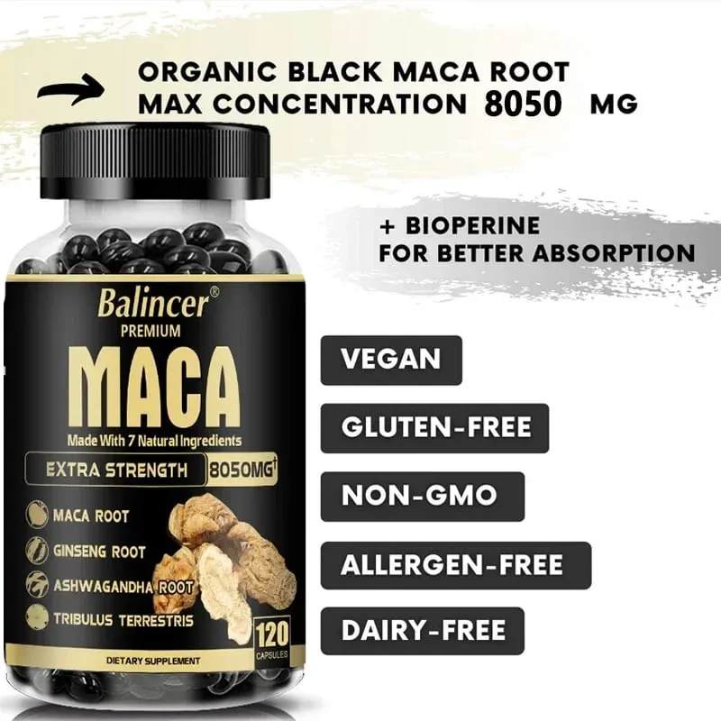 20X Natural Concentrated Extracts Black + Red + Yellow Maca Root Korean Ginseng Ashwagandha Maca Root Capsules 8050 Mg