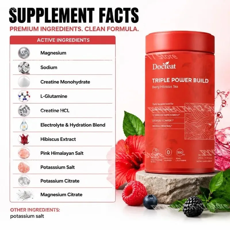 Docteat Triple Power Build Creatine Powder with Creatine HCL Creatine Monohydrate Electrolyte Hydration Blend 30 porcí