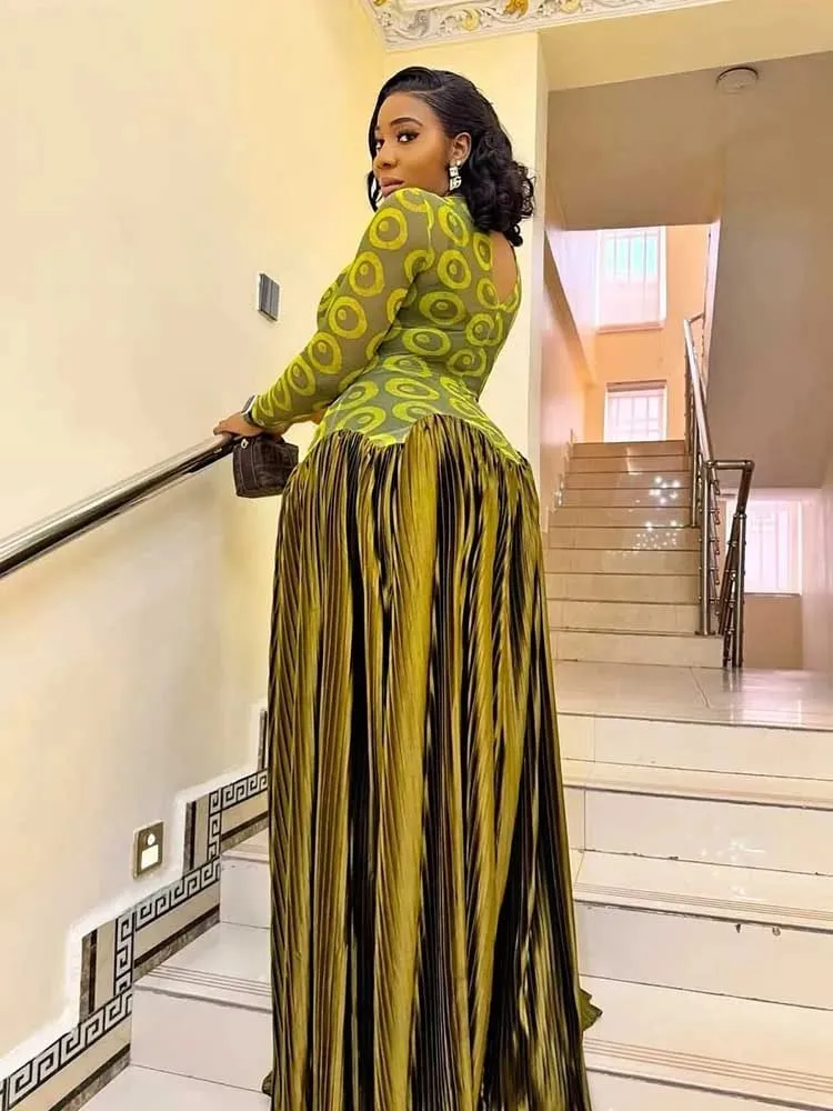 Elegante olijfgroene jurken Maxi-jurk met hoge taille en lange mouwen voor dames Avondfeest Geplooide jurk Stretchstof voor kleding — image 6