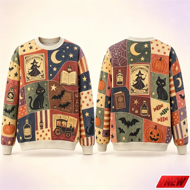 Halloween Splicing Patterns Sweatshirt Herr 3D Print Pumpa Cat Långärmad Pullover Hoodie Quick Dry Holiday Costume Top Unisex