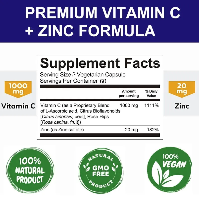 Vitamin C with Zinc Bioavailable Ascorbic Acid Zinc Oxide Non-GMO and Gluten-Free Supplement — image 6