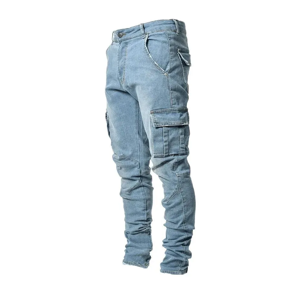 Men's street stretch denim jeans washed solid color multi pocket work pants casual slim fit daily wear jogging pants mid wa