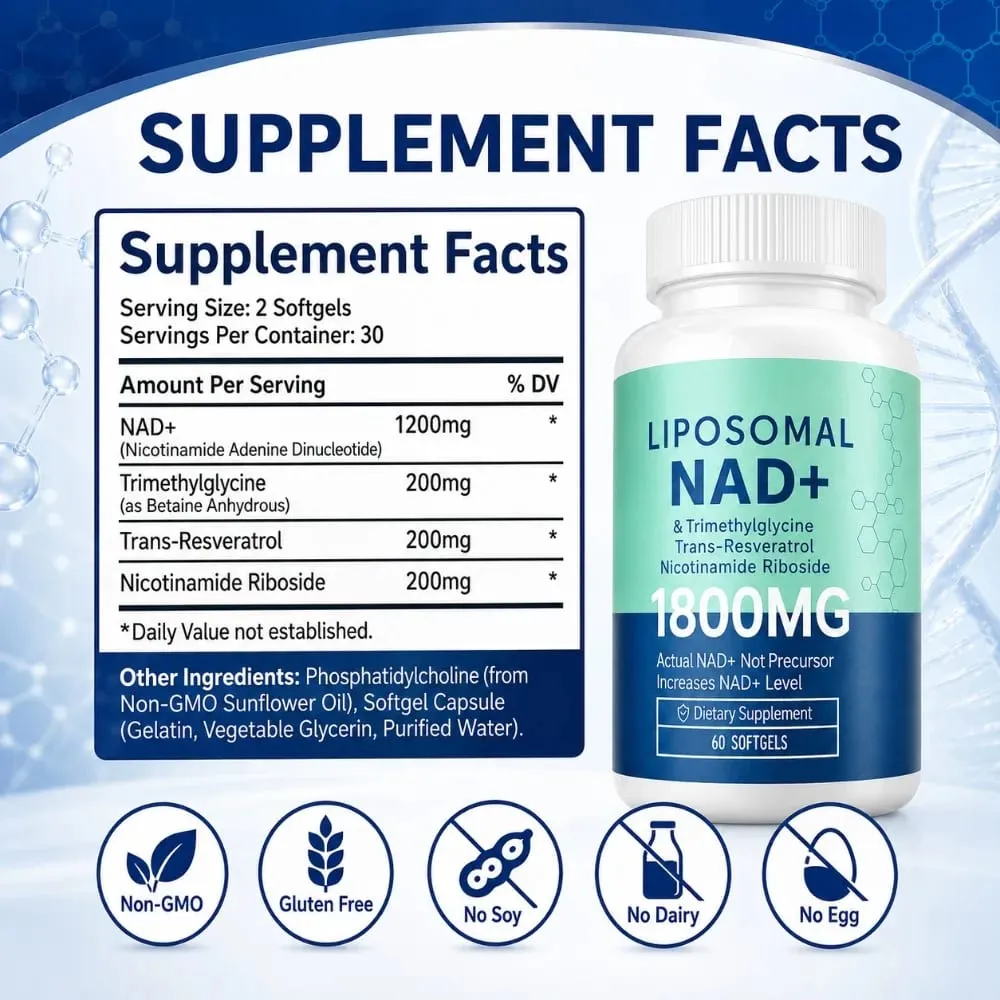 Liposomal NAD+ 1800mg Softgels Nicotinamide Riboside Trans-Resveratrol & TMG Energy Support Non-GMO Gluten-Free 60 Count
