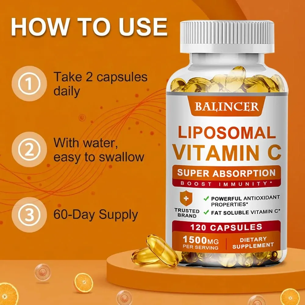 Liposomal Vitamin C 1500mg High Absorption Fat-Soluble Ascorbic Acid Immune Support Collagen Booster & Antioxidant Supplement