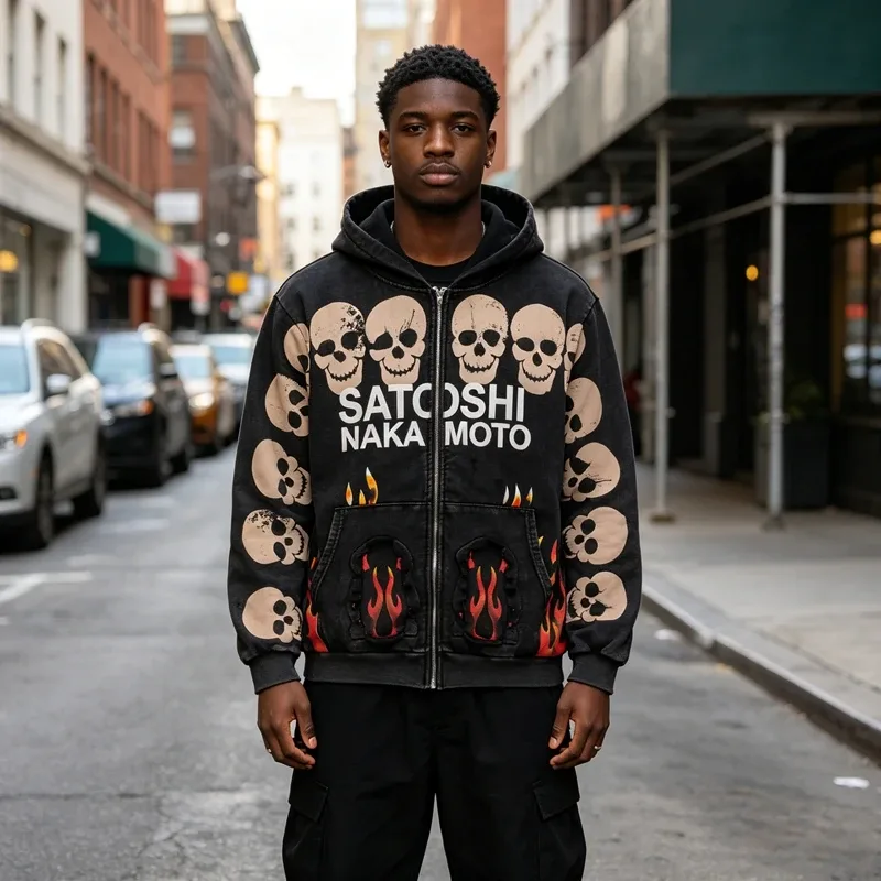 Street Casual SATOSHI Hoodies Pullover Embossed Pattern Embroidery Turtle Shell Design Washed Hooded Men Women Loose Sweatshirts