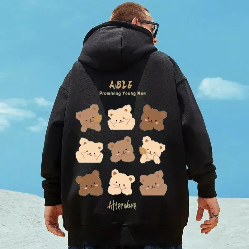 M-8XL American Style Street Brown Cute Bear Print Oversized Hoodie Couple Hoodie Malaking Soft Velvet Hooded Sweater ng Estudyante