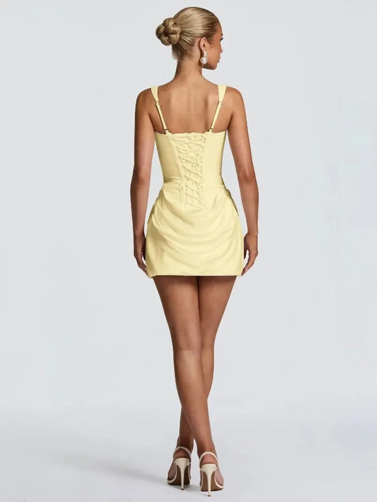 Women's Solid Satin Pleated Strap Mini Dress Sleeveless Backless Lace Up Fashionable Dress 2026 Summer Lady Party Chic Outfit