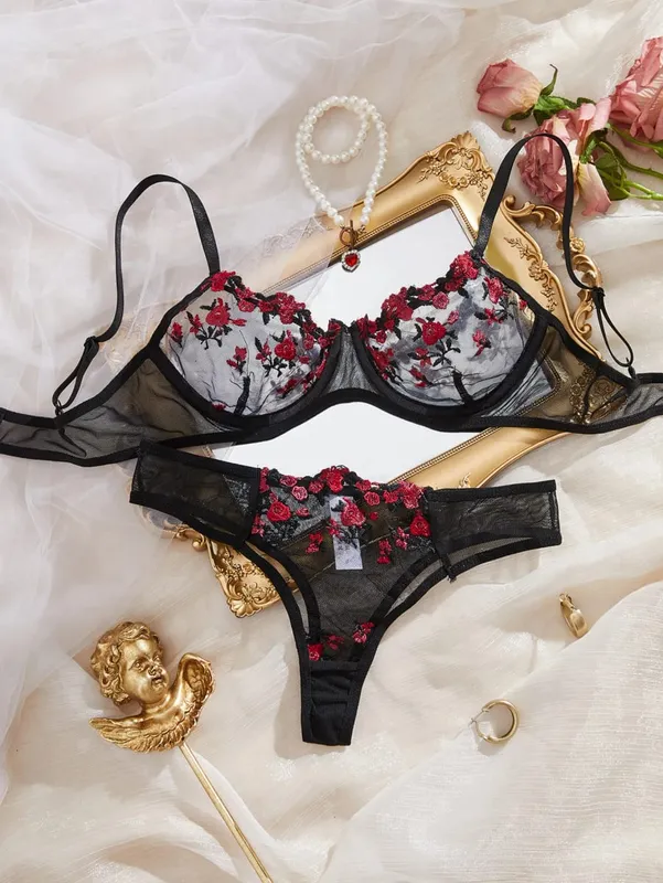 Womens Embroidered Bralette And Panty Set Floral Design Soft Stretch Fabric Comfortable Everyday Underwear