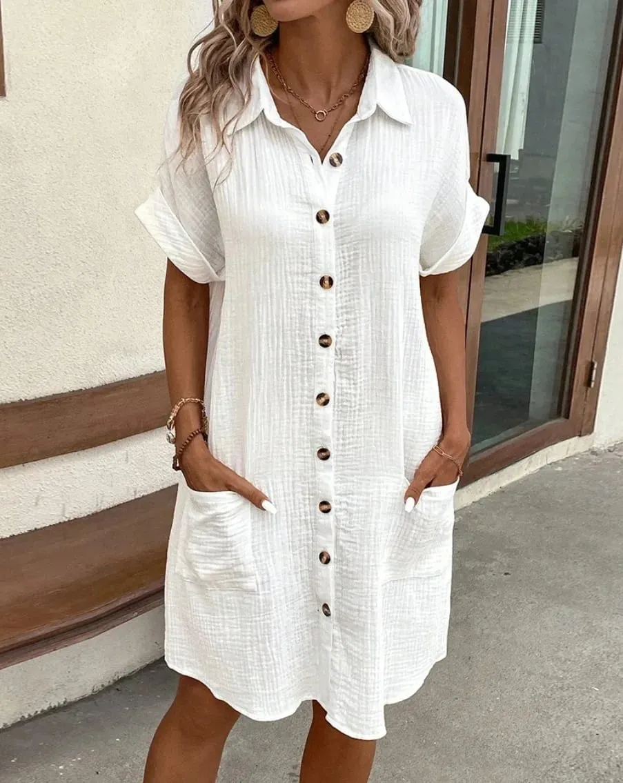 Modisches lockeres Kleid für Damen, einreihig, Raglanärmel, Kleider mit Tasche, Damen-Sommer-Tunika, kurzes Hemdkleid, Bürodame