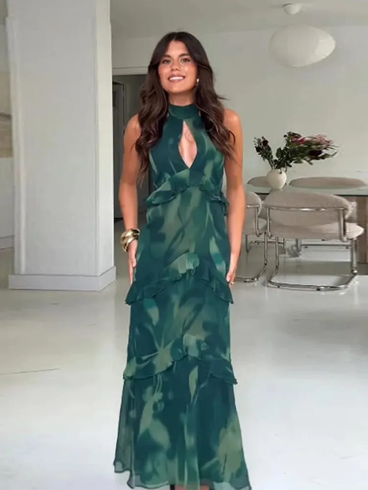 Hollow-out Halter Maxi Dresses Women Sleeveless Backless Waist-cinching Ruffles Dress 2026 New Ladies Summer Party Evening Robe