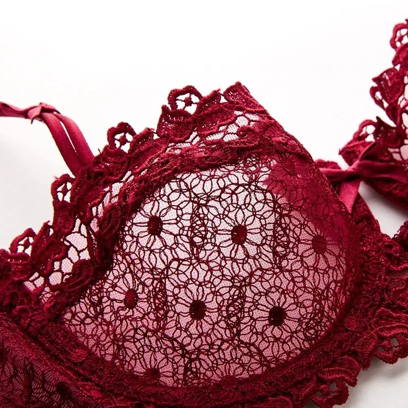 Plus Size Sexy Half Cup Lace Bra Sheer Mesh Unlined Bralette for Women A D Cup Invisible Push Up Underwire Lingerie Set — image 5