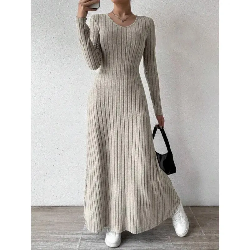 Fashionable Knitted Long Sleeve A-Line Dress Slim Fit Solid Color Street Style Women's Dress Comfortable Casual Elegant Commute