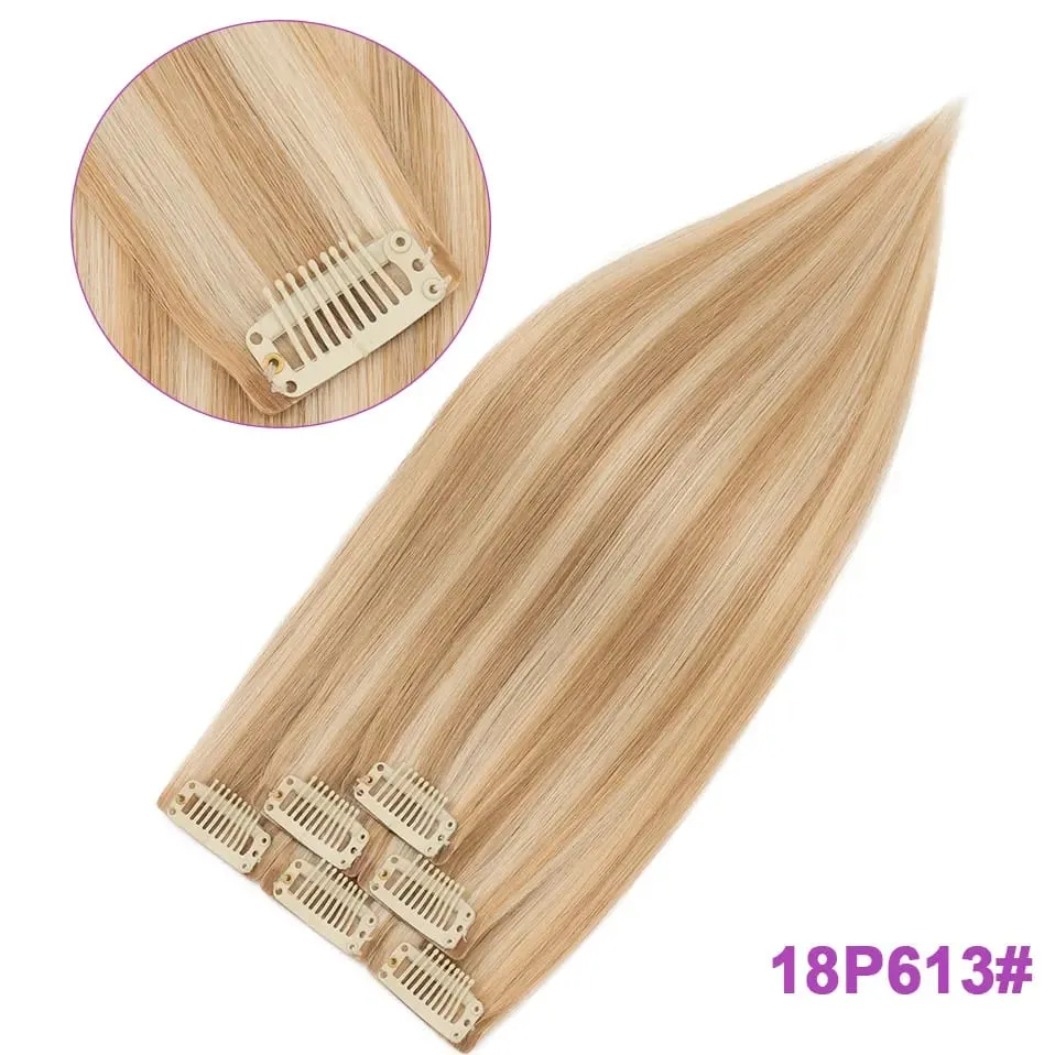 S-noilite Seamless PU Thin Weft 6Pcs Clip in Hair Extensions Real Human Hair Straight Soft Silk Clip in Extensions for Women