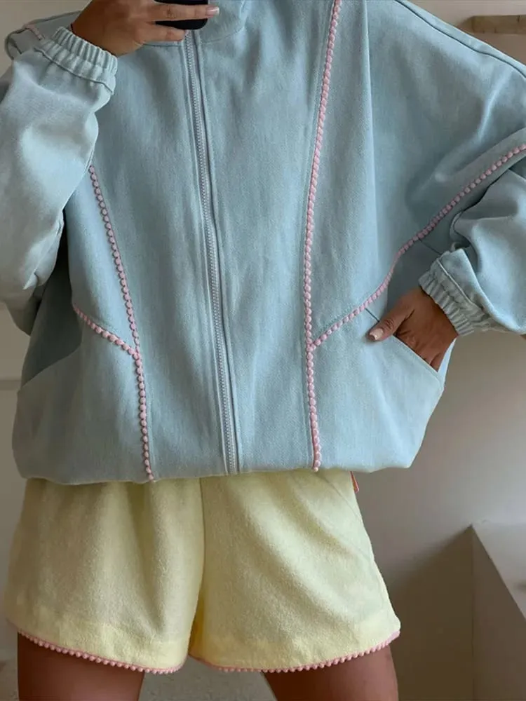 Polka Dot Cropped Windbreaker Jacket Contrast Pink Seam Piping Side Pockets Loose Outerwear 2026 Autumn Street Daily Lady Coat — image 4