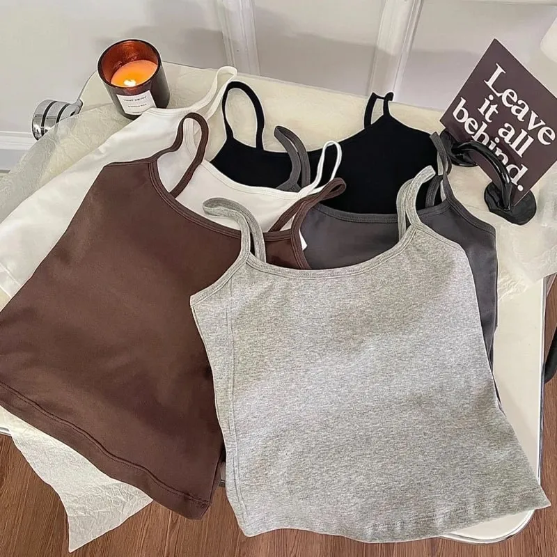 1PC Cotton Spaghetti Straps Sleeveless Slim Camisole Women Soft Breathable Vests with Chest Pad Summer Wear Outside Short Tops