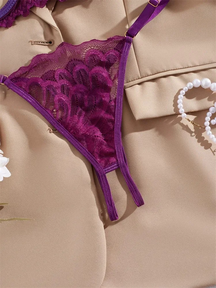 Women's Lingerie Ultra Sexy Open Bra Thong Sets Romantic Lace Underwear Hollow Ultra Thin Lingerie Set Intimate Erotic Lingerie
