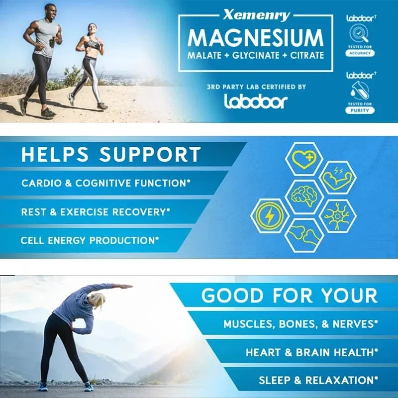 Supplément complexe triple magnésium - contient de l'acide malique et du citrate de magnésium glycine pour détendre les muscles et améliorer le sommeil
