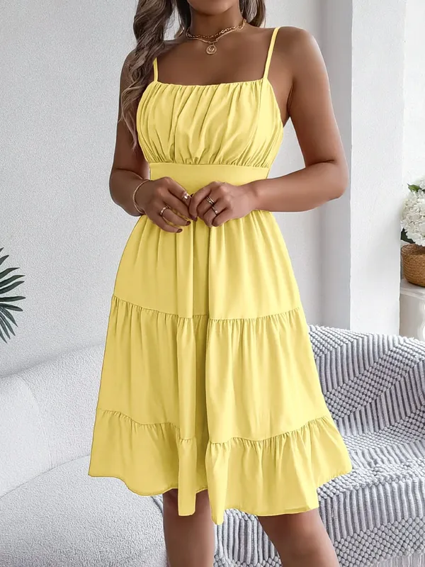 Casual Vacation Ruffled Camisole Dress Spring Summer Women's Solid Dresses For 2026 Valentine's Day Woman Clothing Pink Blue
