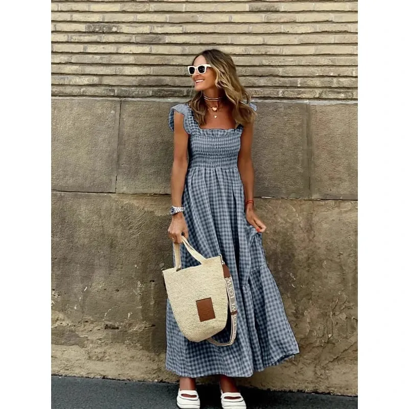 Elegant Temperament Plaid Patchwork Slip Boho Dress Summer Ruffle Backless Pleated Elastic Waist Swing Loose Party Dresses