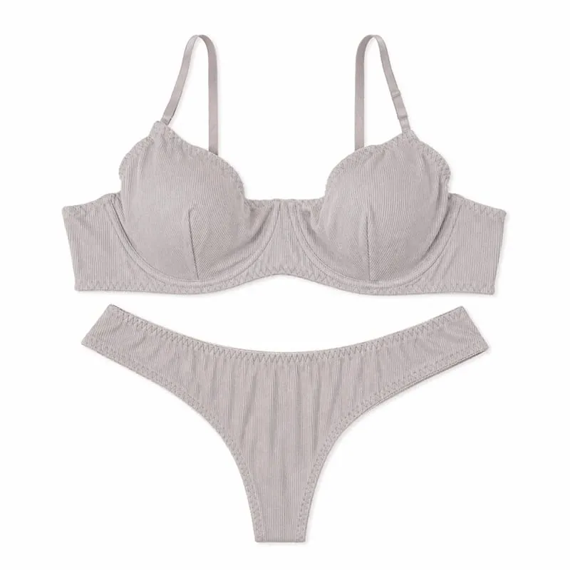 Kadınlar Katı Nervürlü iç çamaşırı seti Balenli Ince Fincan Sutyen Eşleşen Alçak Tanga Yumuşak Günlük Intimates