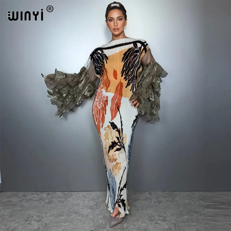 Elastische slanke geplooide jurk Beach Cover Up Boho Kaftan Abaya Dubai Luxe feestjurk Lange dons moslimvrouw avondjurk