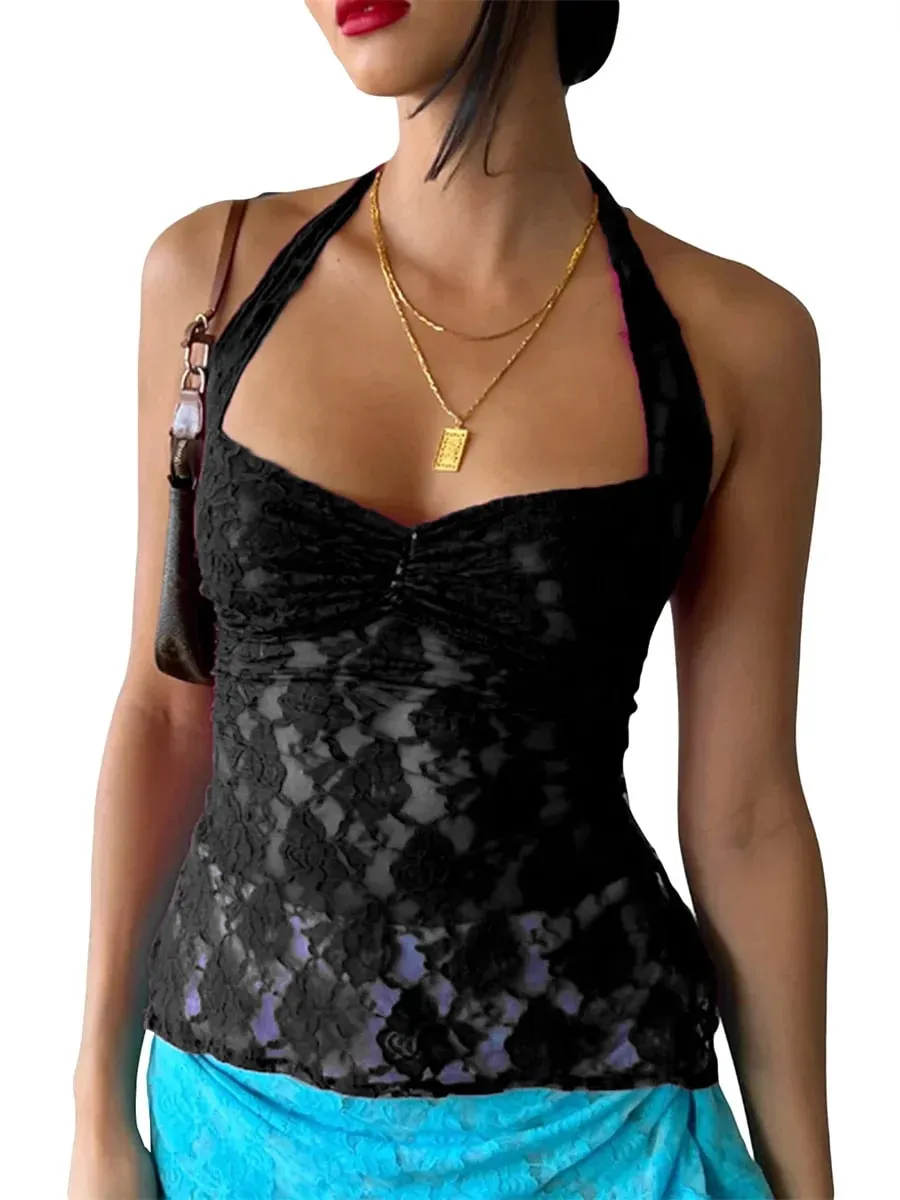 Womens Summer Y2k Sheer Lace Vest Top Camis Halter V Neck Slim Fit Tank Crop Sexy See Through Tee Tops Streetwear