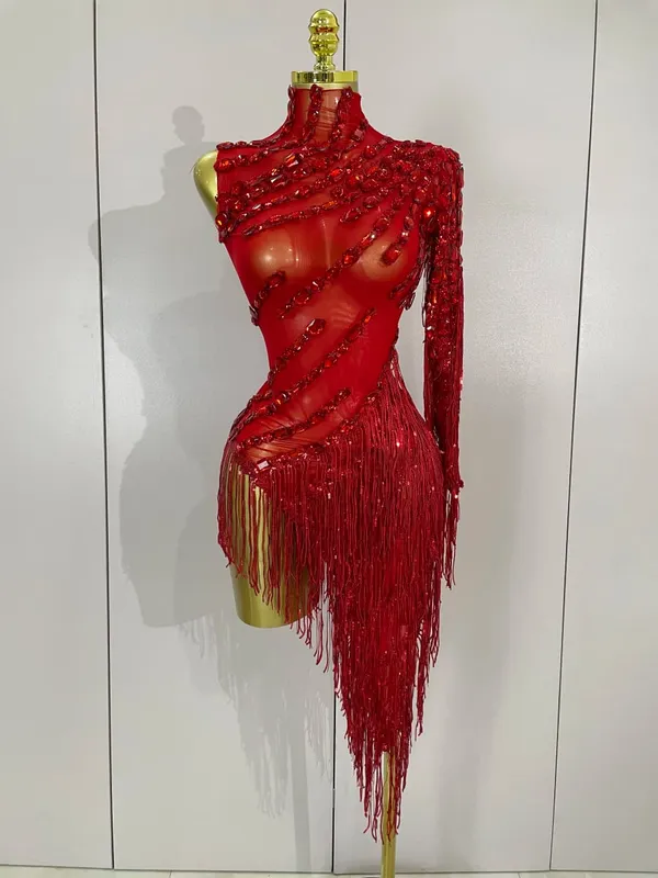 New Sparkly Rhinestones Tassel Sexy See-Through Dress Women One Shoulder Latin Dance Outfits Bars Nightclub Party Stage Costume