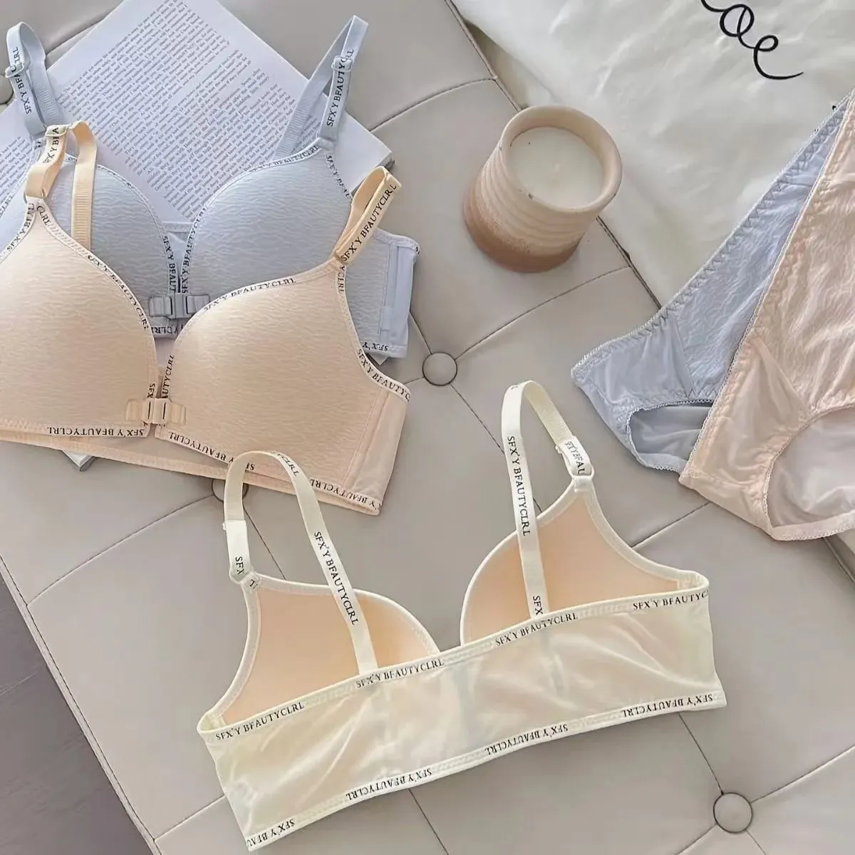 Sexy Front Closure Push-Up Lingerie Set for Small Breasts Comfortable Thin Bra with No Steel Ring Letter Shoulder Straps