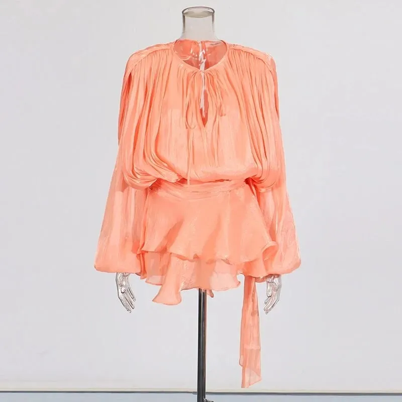 Solid Patchwork Lace Up Blouse Mini Dresses For Women V Neck Long Sleeve Sweet Style Dress Female Clothing Fashion