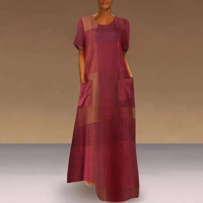 Spring Summer Long Dresses For Women New Floral Printing Short Sleeve Pockets Round Neck Casual Elegant Loose Female's Vestidos